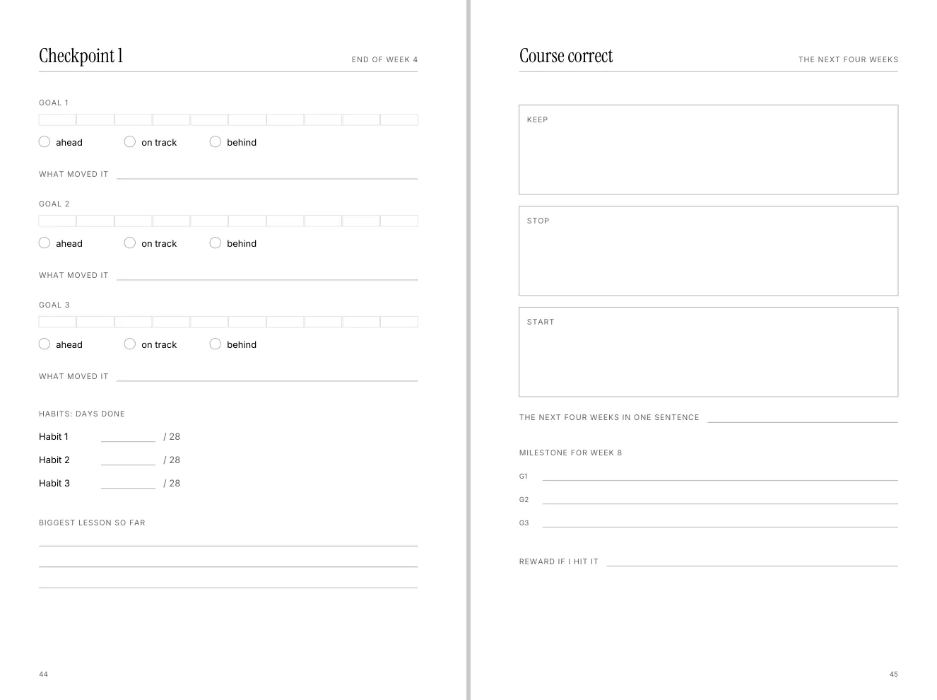 Checkpoint spread for weeks 4 and 8